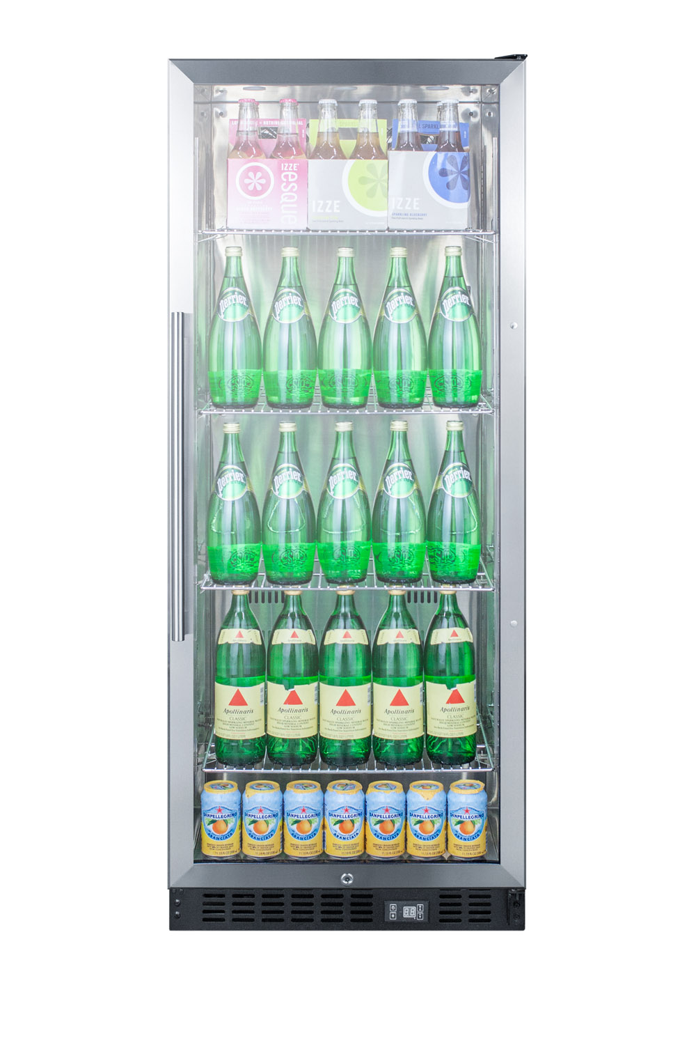 Commercial beverage merchandiser with 11 cu.ft. capacity, SS interior, self-closing door, digital thermostat, and SS wrapped cabinet